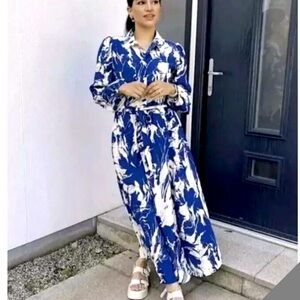 ZARA The Emilie Blue White Long Sleeve Bishop Collar Printed Button Midi Dress M